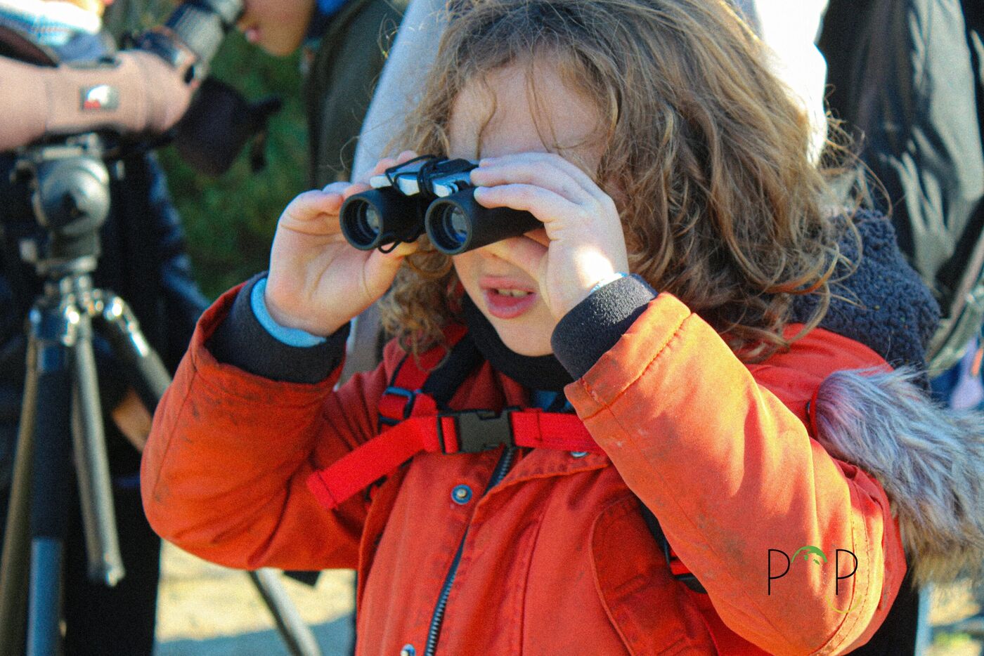 Une POPKid observe les oiseaux aux jumelles